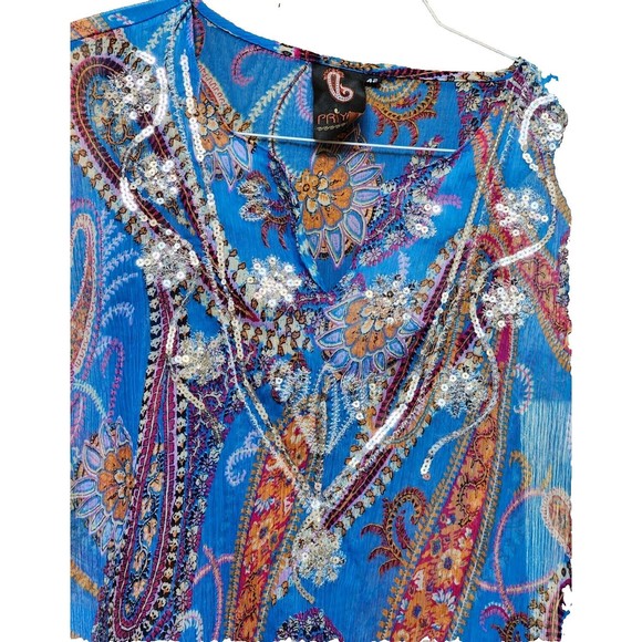 Priya India Peasant Embellished Top Sheer Size Large Hippie Boho Gypsy - Picture 2 of 8